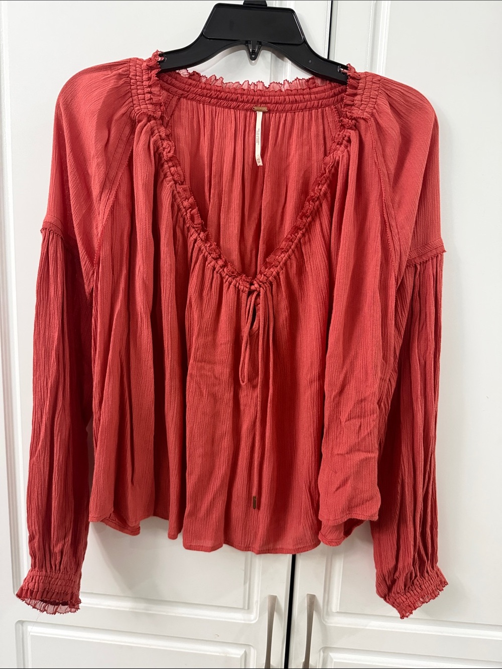 Free People Coral Red Smocked Peasant Tunic